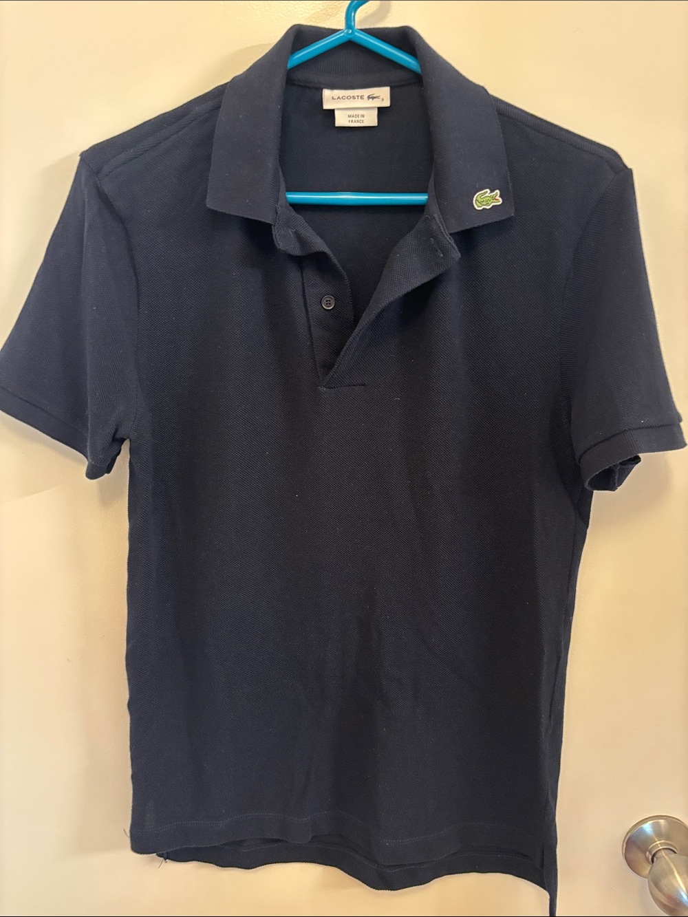 Lacoste Men's Polo Shirt - Dark Blue with Green Crocodile Logo on collar